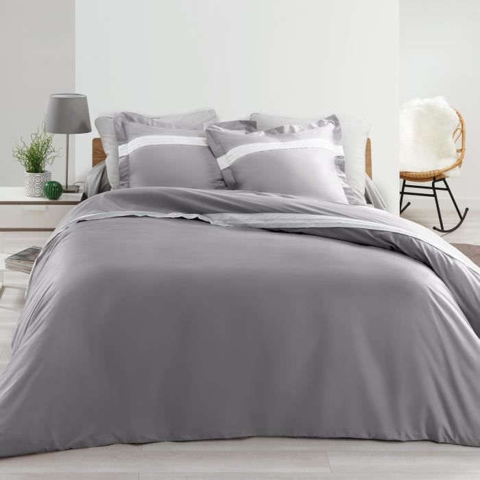 Housse De Couette - Housse de couette - 220 x 240 cm + taies - Percale - Gris - 78 fils - Uni