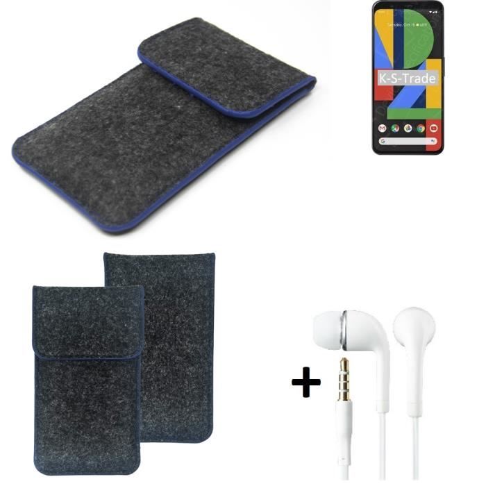 K-S-Trade® Housse feutre pour téléphone smartphone Sac gris foncé bord bleu + écouteurs Google Pixel 4 XL 207694