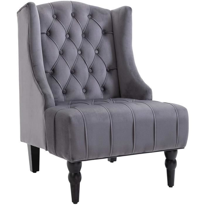 FAUTEUIL Chesterfield Grand Confort Dossier Assise capitonné avec Boutons Velours Gris48