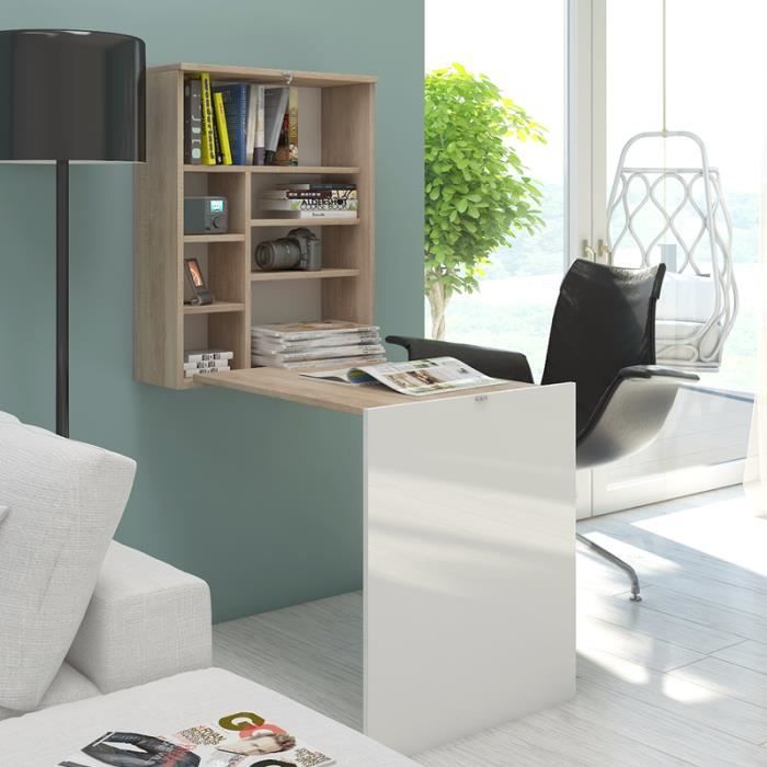 Bureau escamotable / Bureau rabattable - FUNCTION - 60 cm - effet chêne / blanc brillant - 7 niches ouverts - design moderne