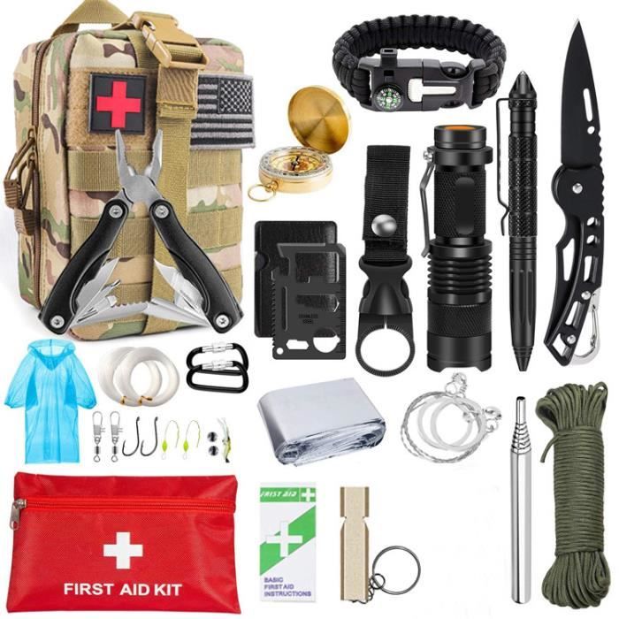 Camo militaire - Kit d'équipement de survie avec couteau de chasse et lampe torche tactique, équipement de Ca