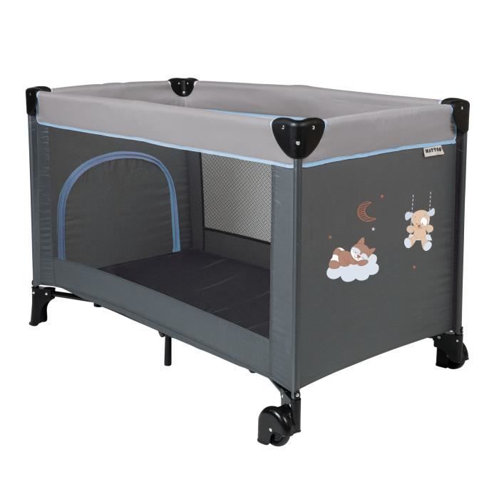 NATTOU Lit de voyage Jim & Bob - 60 x 120 cm - Structure en acier et tissu en polyester - Gris