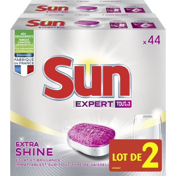 LOT DE 2 BOITES : VAISSELLE EXPERT SUN EXTRA SHINE * soit 88 TABLETTES * TOUT EN 1
