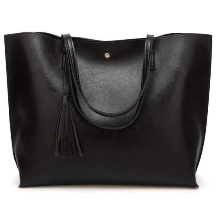 GM08605-Grand Sac a Main Femme PU en Cuir, Sac Fourre-Tout Portes Epaule Bandouliere Simple(Noir)