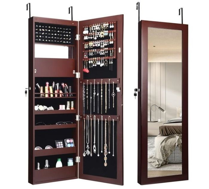 Armoire à Bijoux - RELAX4LIFE - 2 Miroirs - 12 Lumières LED - Conception de Verrouillage - Étagères de Rangement - Marron