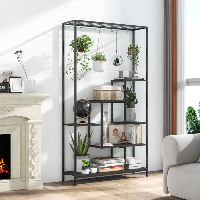 GOPLUS Meuble Support pour plantes dintérieur à 6 niveaux présentoir pour pots de fleurs 10 crochets de suspension
