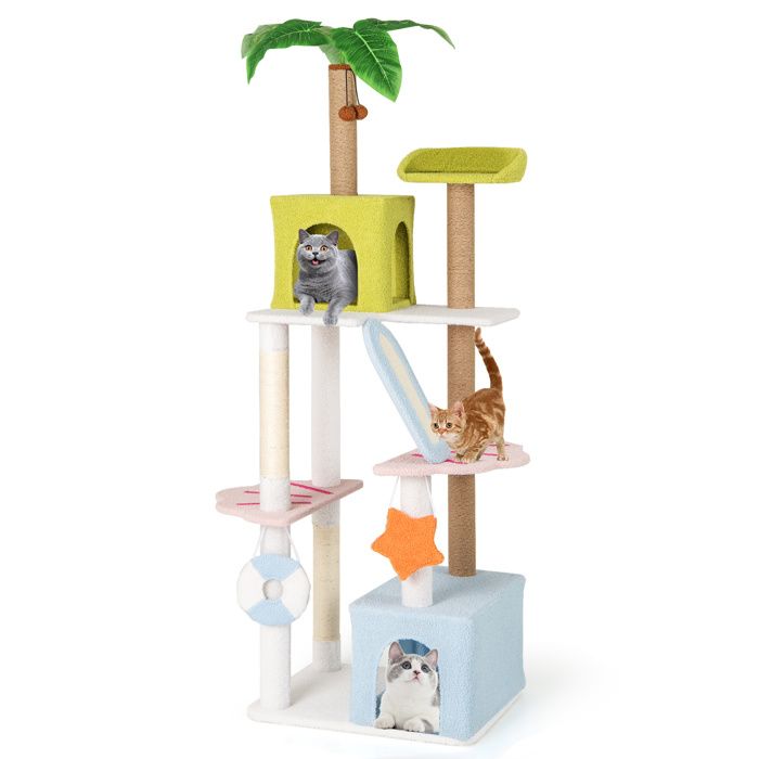 Meilleurs prix pour Arbre à Chat Multi-Niveaux 180 CM, COSTWAY, 2 Condos, Perchoir, Poteaux à Gratter en Sisal, Plante Artificielle, Jouets Suspendus