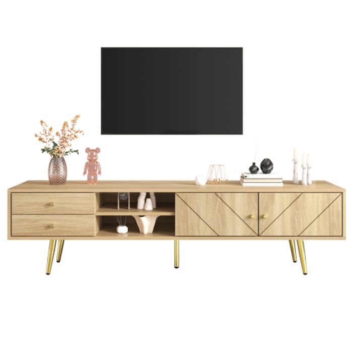 Meuble TV bas bois 160 cm longueur de salon– style scandinave-L160 x P36 x H42 cm- avec pieds dorés 2 tiroirs et portes