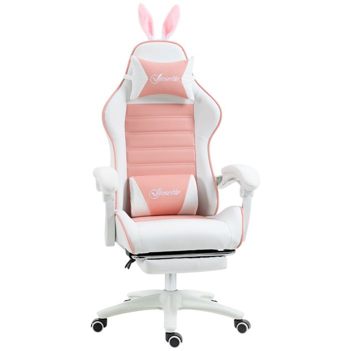 VINSETTO Chaise gaming fauteuil gamer inclinable r&eacute;glable repose-pied r&eacute;tractable oreilles de lapin amovibles rose blanc