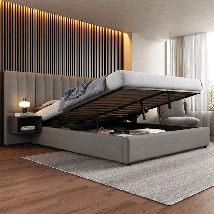 Lit coffre 180x200cm lit adultes avec grande tête de lit et deux tables de chevet Lit 180X200-coffre de rangement Lin Gris