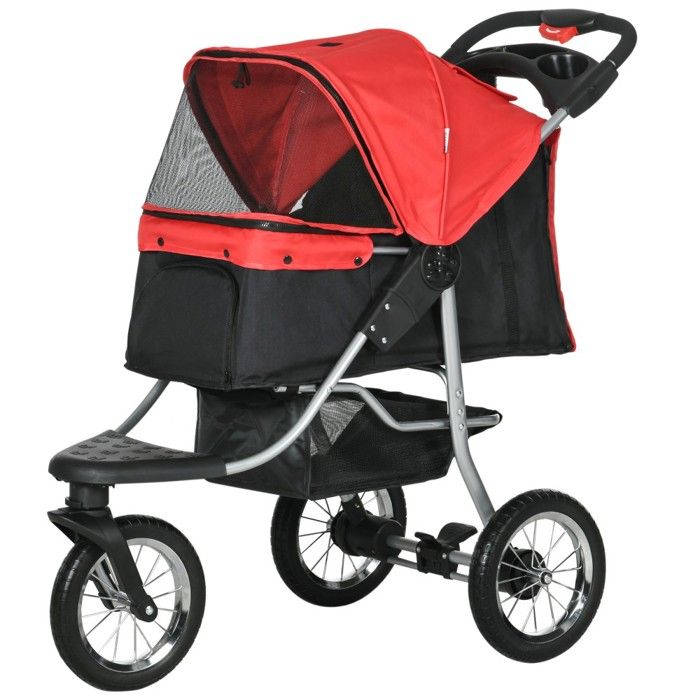 Meilleurs prix pour Poussette Pour Animaux Pliable 3 Roues Chien&chat Oxford Rouge&noir 109.5x54.5x106.5cm Légère Réglable Panier Lavable