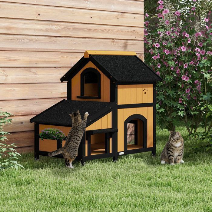 Comparer les prix de Plaque épaissieMaison pour chats Bois de spruce Maison pour chats avec plusieurs entrées 2 étages Cave pour chats à lextérieu