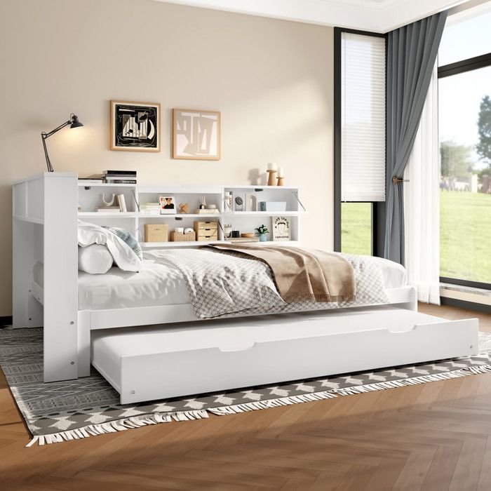 Lit double 140x200 cm avec lit gigogne Lit Enfant Rembourré avec tête de lit de rangement cadre de lit adulte blanc
