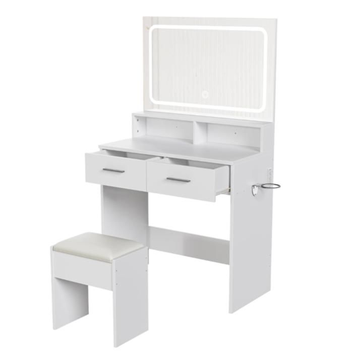 Ensemble coiffeuse - PROMIRACAL - Miroir LED - 2 tiroirs - Tabouret velours - Design moderne