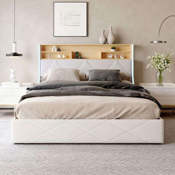 Lit adulte 160x200 cm avec sommier à lattes DRELYGWEA lit coffre avec LED et USB cadre de lit double tissu en PU blanc