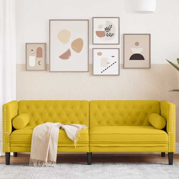 Canapé Chesterfield 3 places velours - vidaXL - Jaune - 194x74.5x70.5 cm - Velours - Boutons tuftés - Traversins inclus