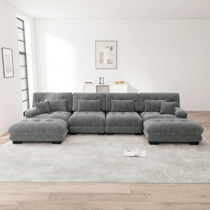 Canapé dangle modulable - LANGTU - Modulaire en U 4 places - Chenille grise - Pouf amovible - Assise « nuage »