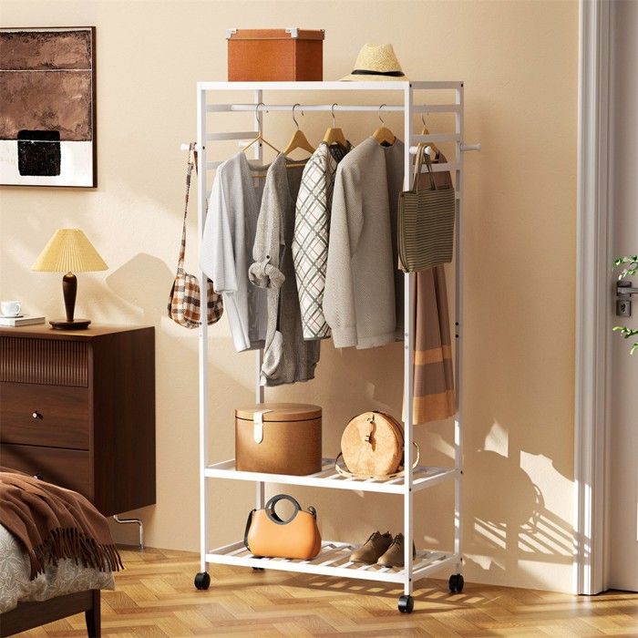 Porte-manteau Bois - Porte-Manteau à Roulettes avec Étagère de Rangement - 78.5x40x168.5cm - Blanc