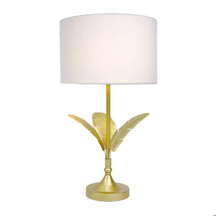 Lampe de table Relaxdays socle à feuilles de palmier abat-jour en tissu douille E14 salon chambre blanc/doré