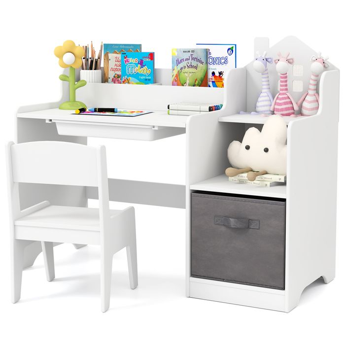 GOPLUS Bureau Enfant avec Chaise-94x40x76 5CM-1 Boîte de Rangement+1 Tiroir en Tissu+Étagère+Bibliothèque Dessus-Blanc