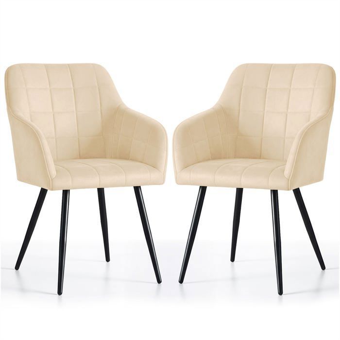 Lot de 2 Chaises rembourrées à surpiqûres carrées LUXANO Beige pieds noirs