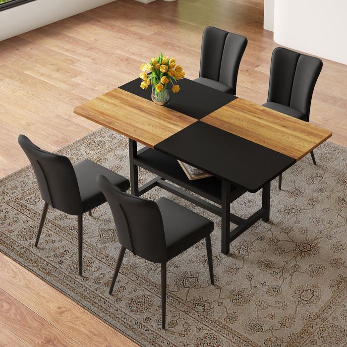 Ensemble de table à manger - 160 cm - 4 chaises en PU noir - Rangement intégré - Style industriel