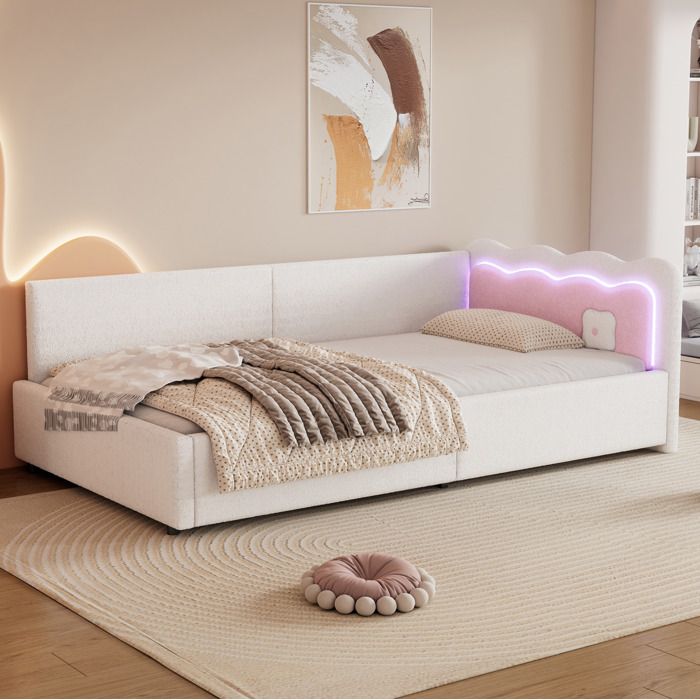 Lit banquette 90×200 cm avec LED. lit simple. sommier à lattes. tissu imitation laine. sans matelas. blanc
