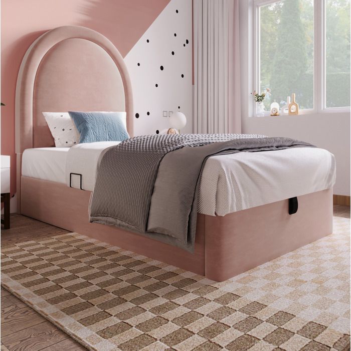 Lit enfant rose 90×200 cm avec matelas sommier relevable rangement intégré velours