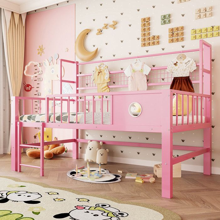 Lit Mezzanine 90x200 cm avec Sommier à Lattes Cadre de Lit Adulte en MéTal Lit 1 Personne Lit Adulte Lit Simple Rose
