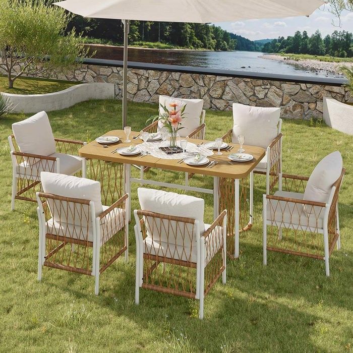 Ensemble de mobilier de jardin - Ensemble 7 pièces - 6 personnes - Structure fer blanc - Plateau effet bois