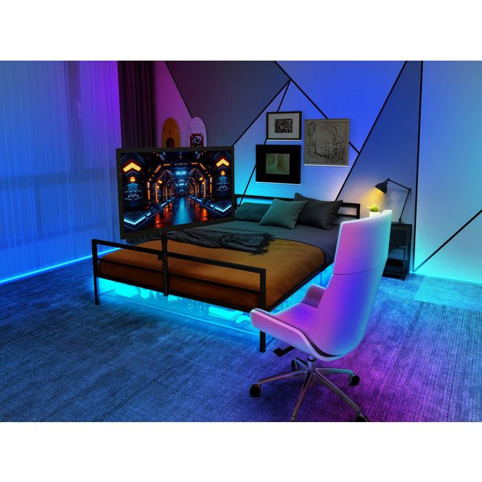 Lit simple 90x200 cm avec éclairage LED Lit simple en métal avec sommier à lattes Lit enfant avec panier de rangement Noir