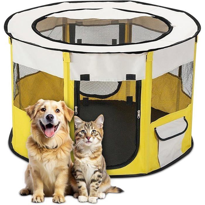 Parc Chien Pliable Jaune L – Tente Respirante pour Animaux avec Sac – Idéal Voyage Camping Jardin CLAPIER