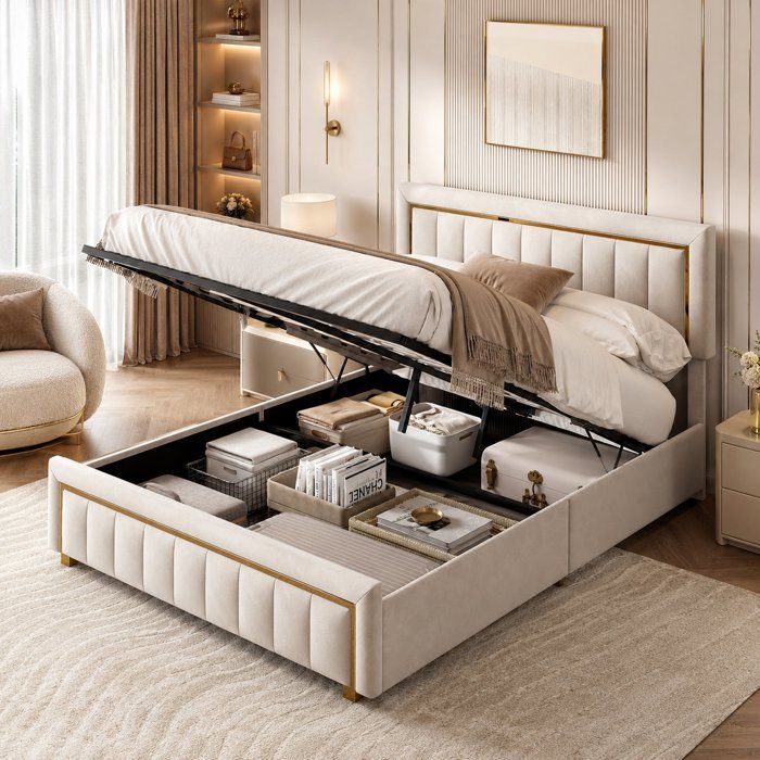 Lit coffre 160 x 200cm Lit adulte lit Double capitonnéhydrauliqueCadre de Lit pour 2 Personne tissu en veloursBeige