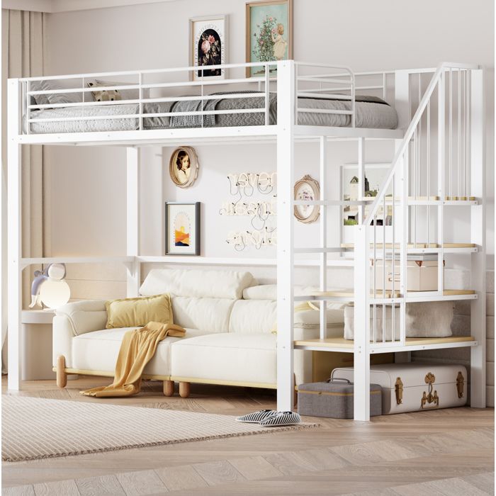 Lit mezzanine blanc 90×200 cm avec escalier sommier inclus rangement dessous structure solide