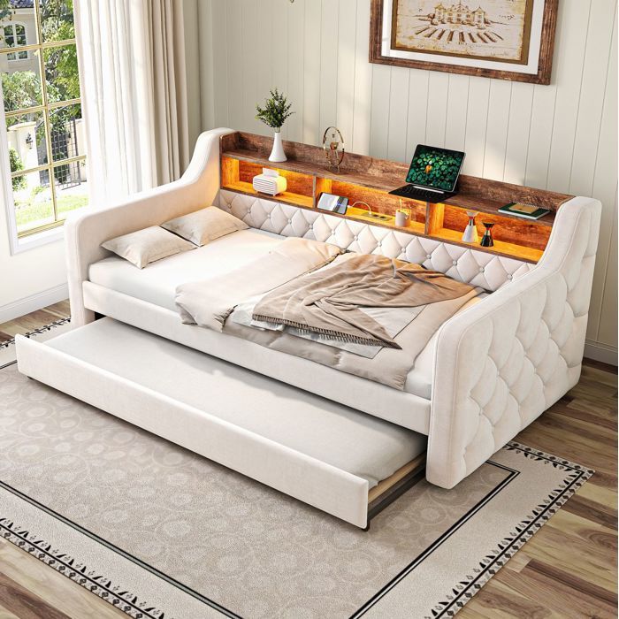 Canapé‑lit gigogne - MURUL - 90x190 cm - Velours beige - Rangement intégré LED & port USB-C