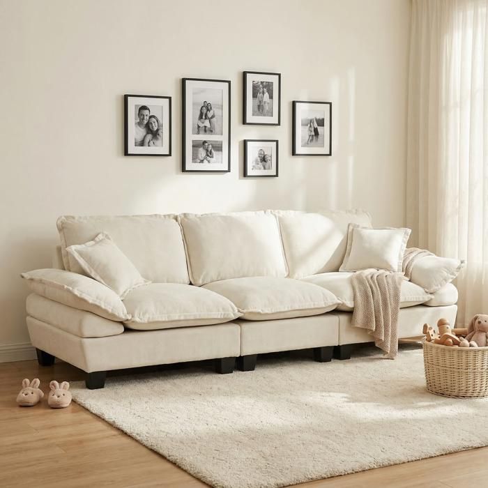 Canapé convertible 3 places - Voilier - accoudoirs galbés amovibles - chenille beige - mousse haute densité
