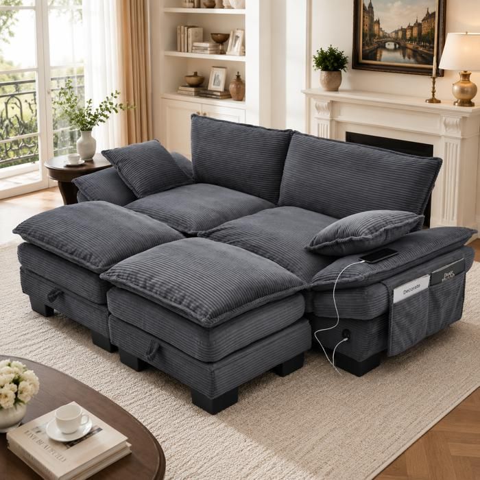 Canapé modulaire en velours - Garkdray - 2 places avec poufs - Velours côtelé doux - Dimensions 190x132x84 cm