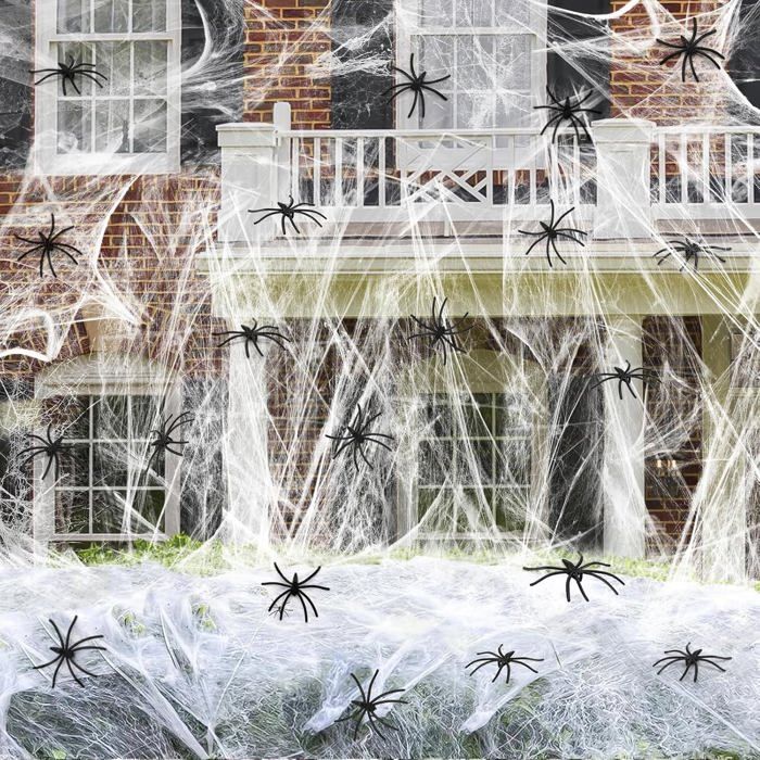 Set de décoration Halloween : toile d’araignée élastique avec 30 araignées noires pour intérieur et extérieur idéal pour jardin