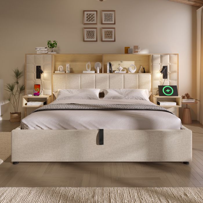 Lit Coffre 160x200 Beige avec Rangement 2 Liseuses 2 Chevets Intégrés USB Type-C Sommier à Lattes sans matelas