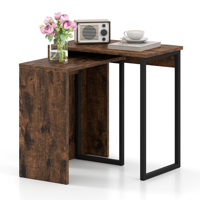 Lot de 2 Tables dAppoint Empilables Métal - Grandes Tablettes Bois Brun - Pour Canapé/Chevet - Gain de Place