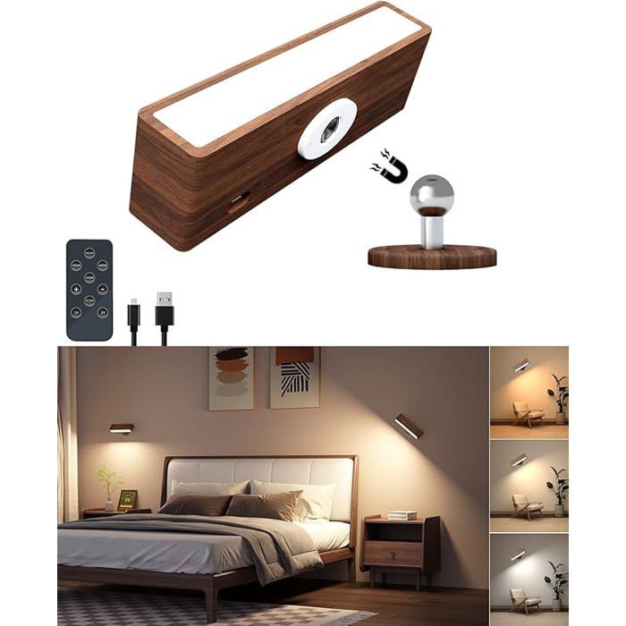 Lampe de Chevet avec Telecommande Bois Applique Murale s fil Lampe Rechargeable 1 Pièce-Avec Télécommande Noyer Noir