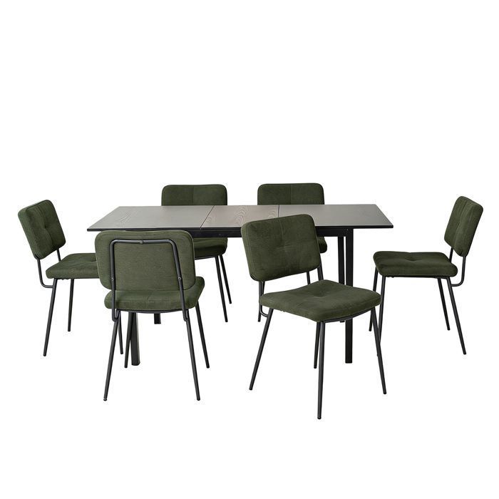MEUBLES COSY Ensemble table à manger extensible noire et 6 chaises en tissu vert style scandinave
