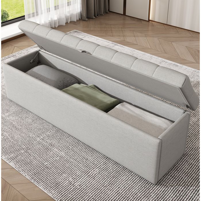 MEUBLIV Banquette coffre 141 x 41 5 x 47 cm en tissu aspect lin gris clair bout de lit avec rangement
