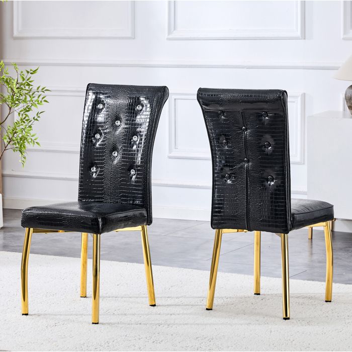 Chaise de Salle à Manger Lot de 2 Rembourrée Effet Crocodile - ELVMI - Boutons Cristal Métal PVC Noir et Or