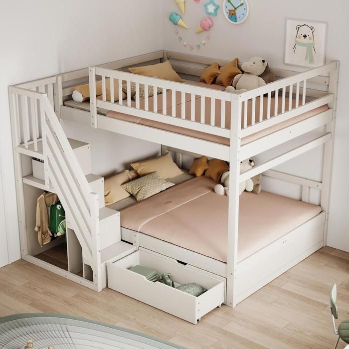 Lit superposé - KOMHTOM - 140x200 - Bois massif - Escalier avec rangements - Tiroirs sous lit - Blanc