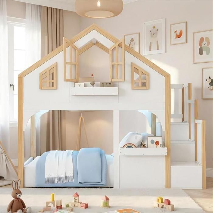 Lit superposé - KOMHTOM - Lit maison - 90x200 cm - Escalier avec rangements - LED intégrée