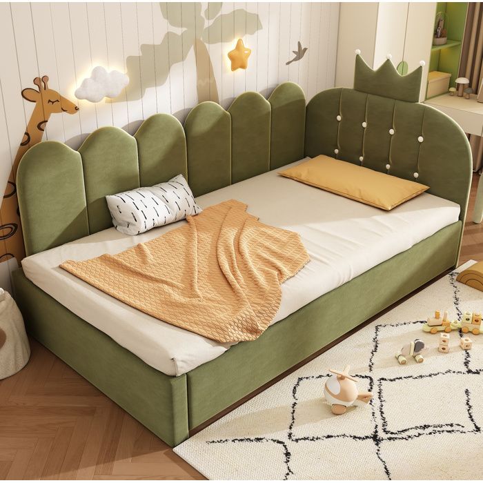 Lit gigogne simple 90×200 cm et 90×190 cm forme L couronne decorative - ELVMI - velours vert sans matelas