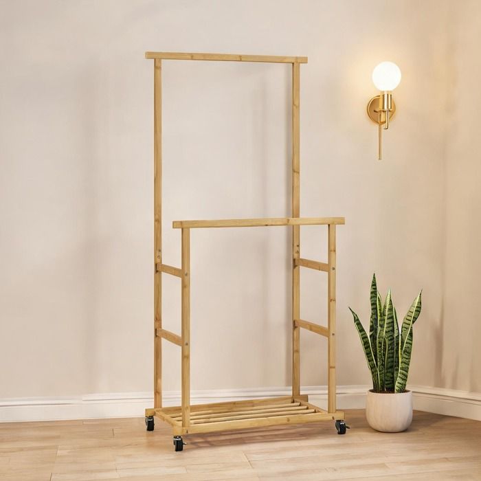Portant mobile en bambou clair naturel avec double penderie et range-chaussures 80 x 40 x 160 cm