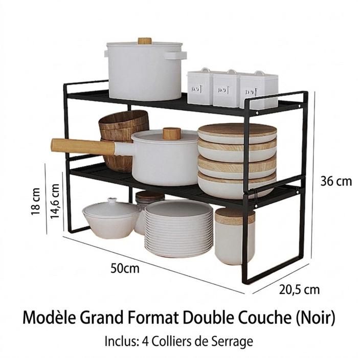 Étagère rangement 2 niveaux 50cm – noir pour placard/plan de travail vaisselle/épices gain de place