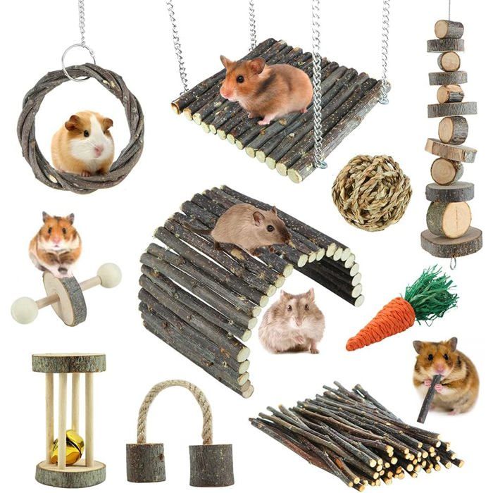 Accessoires cage hamster - Lot de 9 jouets en bois de pommier à ronger échelle pliable balançoire et bloc pour rongeurs
